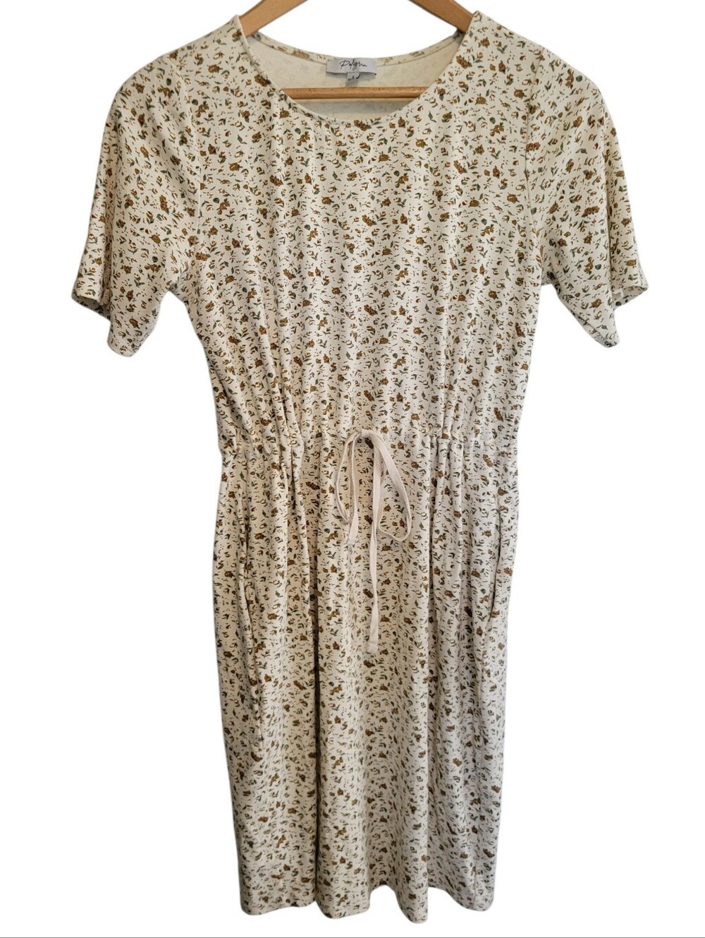 Polagram Cream Floral Drawstring 100% Cotton Dress Size Small